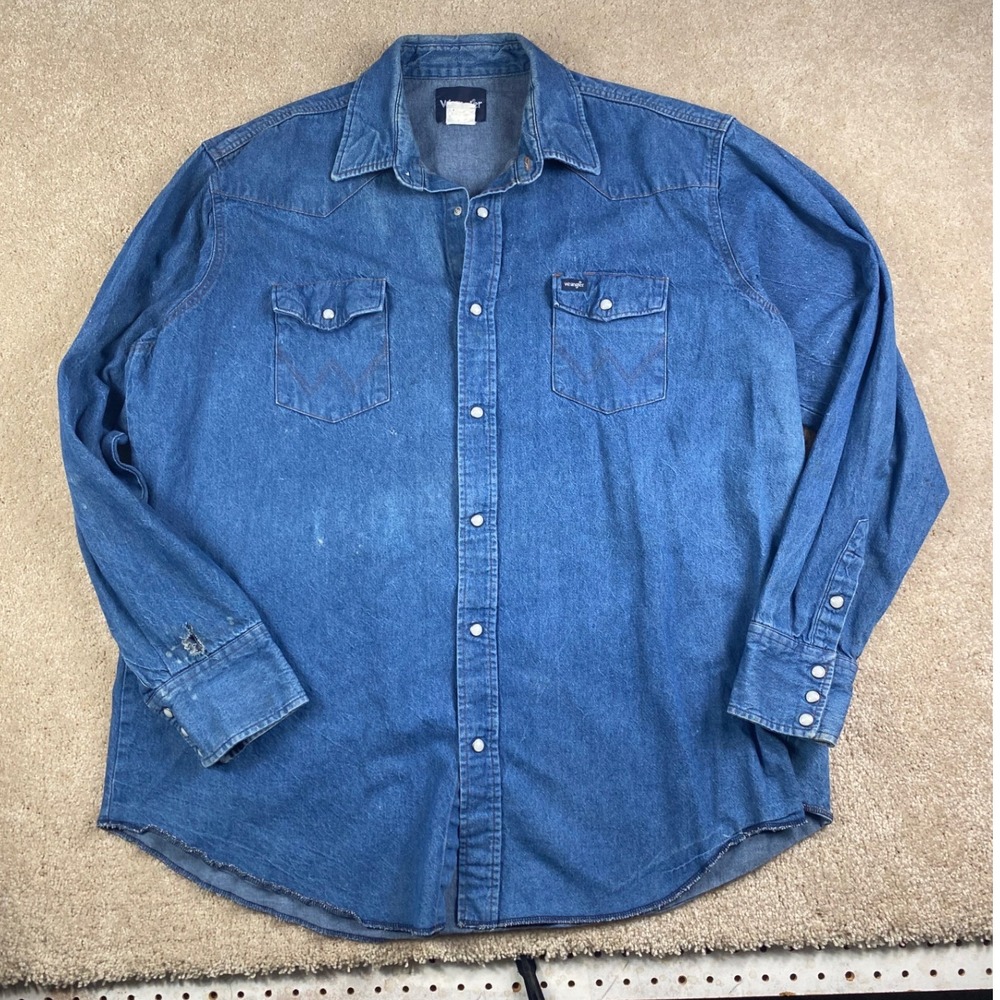 Wrangler Mens Western Denim Pearl Snap Shirt Medium Wash Distressed Blue 3XL